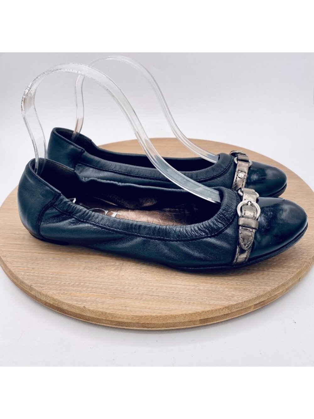 AGL Shoes Womens 6.5 37 Black Leather Horsebit Ballet Flats Quiet Luxury